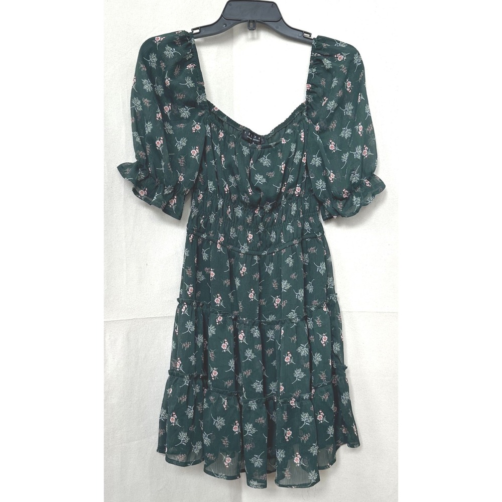 Trixxi Milkmaid Dark Goblin Fairy Green Floral Tiered Mini Dress S Puff Sleeve